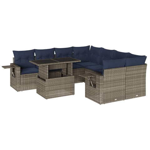 vidaXL Patio Sofa Set with Cushions 9 Piece, Conversation Set with Table and Sectional Sofas, Outdoor Seat for Garden, Modern, Gray Poly Rattan