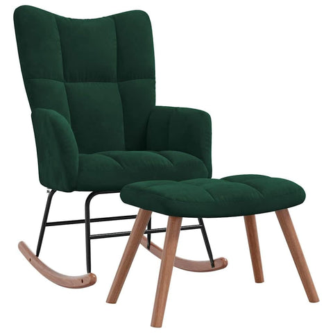 vidaXL Velvet Rocking Chair Set with Stool, Dark Green- Modern Design Lounge Seating Furniture with Steel Frame & Wooden Rails
