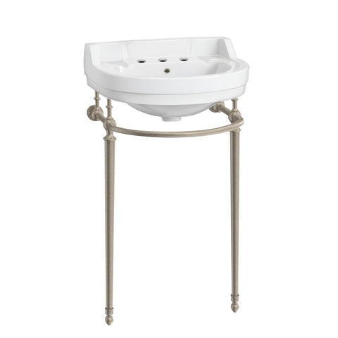 22 Inch Semi Circular Bowl Wall Mount Bathroom Vanity Sink with Brass Supporting Leg, 3-Hole Faucet Opening, Backsplash, Overflow and Included Front Towel Bar Rack, White with Brushed Nickel Legs