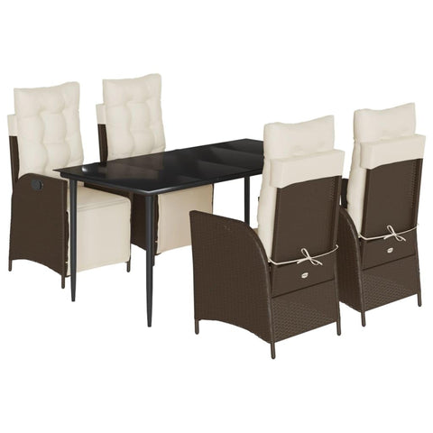 vidaXL 5 Piece Patio Dining Set with Cushions â€“ Brown Poly Rattan, Adjustable Reclining Chairs, Tempered Glass Table for Garden, Backyard, and Patio