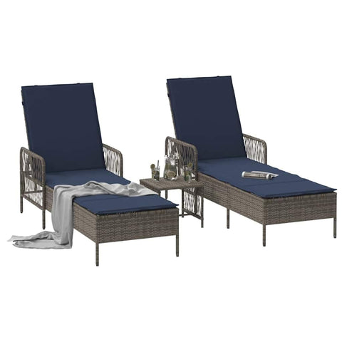 vidaXL Sun Lounger Reclining 3 pcs Grey and Navy Blue Poly Rattan, Garden and Terrace Lounger, Rectangular, Modern Design, Durable Multi-Position Backrest, Removable Cover, Poolside Furniture