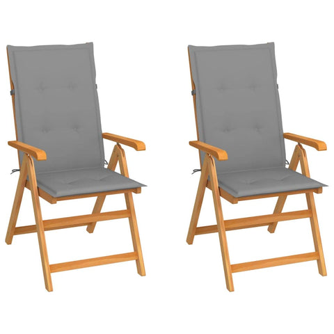 vidaXL Solid Teak Wood Patio Chairs with Gray Cushions Set of 2 - Adjusting Backrest, Durable, Weather-Resistant, Foldable, Outdoor Garden Furniture