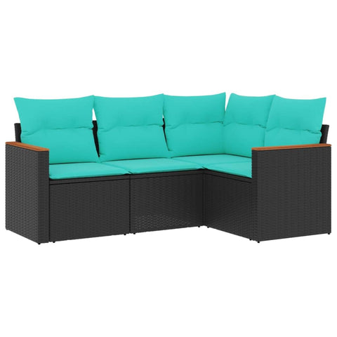vidaXL Patio Sofa Set with Cushions 4-piece Outdoor Lounge - Black Poly Rattan - Modular Garden Seating - UV-