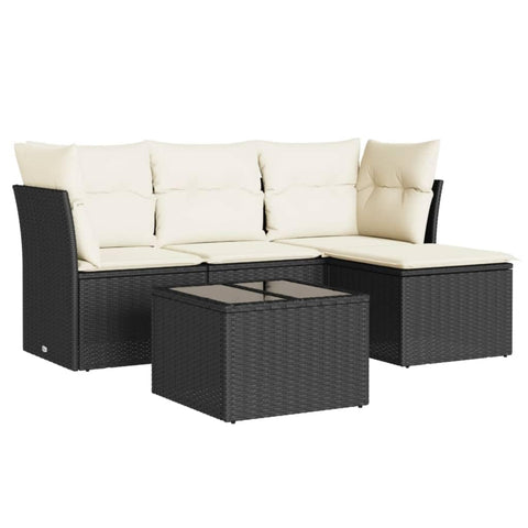 vidaXL Patio Sofa Set with Cushions 5 Piece, Patio Furniture with Glass Table, Outdoor Conversation Set, Modern Style, Black Poly Rattan