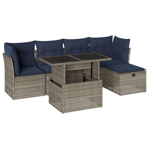 vidaXL Patio Sofa Set with Cushions 6 Piece, Outdoor Lounge Set with Table and Foot Stool, Sectional Sofa for Garden, Modern, Gray Poly Rattan
