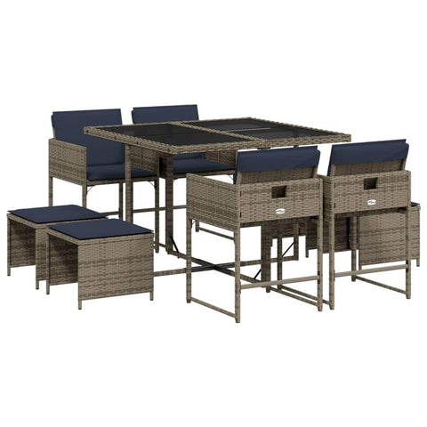 vidaXL 8-Seater Modern Garden Dining Set with Cushions UV Resistant Gray Poly Rattan Outdoor Table and Chairs for Patio Backyard Furniture