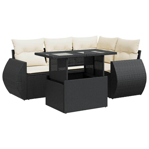 vidaXL 5 Piece Patio Sofa Set with Cushions Black Poly Rattan, Garden Sofa Set, Garden Lounge Set, Sofa for Garden, Outdoor Sofa Set