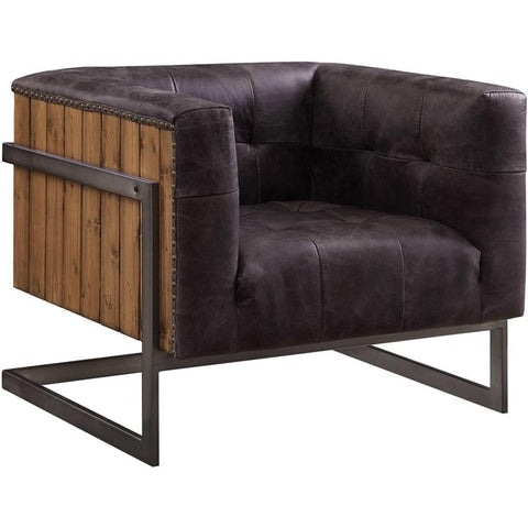 Acme Sagat Top Grain Leather Accent Chair in Antique Ebony and Rustic Oak