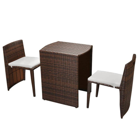 vidaXL 3 Piece Outdoor Bistro Set with Cushions-Poly Rattan Brown-Includes 1 Table and 2 Chairs-Compact Design for Balcony, Patio, and Garden-Weather-Resistant and Durable Construction