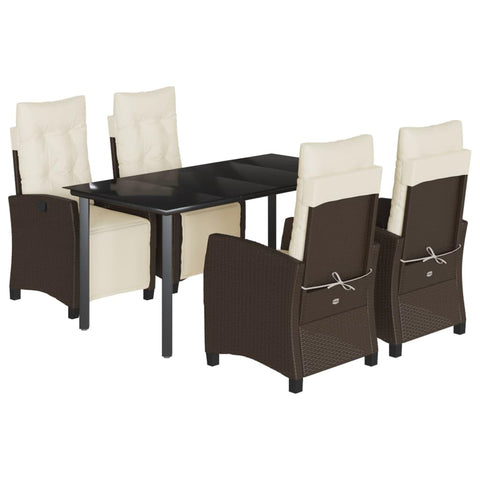 vidaXL 5 Piece Patio Dining Set with Cushions - Rattan Outdoor Furniture - Adjustable Seats and Glass Tabletop - Weather - Brown/Cream White - Garden/Backyard/Patio
