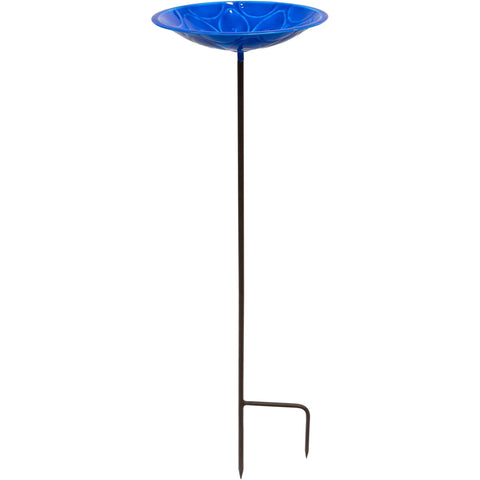 Delphinium Blue Embossed Metal Birdbath with Garden Stake – Steel Bowl with UV-Resistant Epoxy Finish for Outdoor Gardens