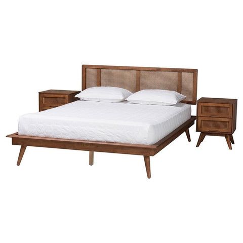 Baxton Studio Nura Walnut Brown Wood and Rattan Full Size 3-Piece Bedroom Set