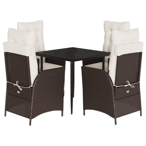 vidaXL 5 Piece Patio Dining Set with Cushions - Brown Poly Rattan, Adjustable Reclining Chairs, Glass Tabletop, Outdoor Garden/Backyard Furniture