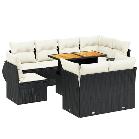 vidaXL 9 Piece Garden Sofa Set with Cushions Modular Design Durable Poly Rattan Outdoor Furniture Water Resistant Black and Cream Color Scheme Patio Lounge Sectional for Conversation