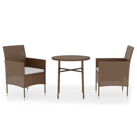 vidaXL 3 Piece Patio Dining Set - Poly Rattan Garden Furniture with Cushioned Chairs and Round Table - Brown/Cream White, Weather-, Ideal for Garden, Patio, or Outdoor Use