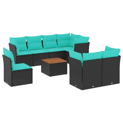 vidaXL Patio Sofa Set with Cushions 9 Piece, Outdoor Conversation Set, Patio Furniture Set for Balcony Garden, Modern Style, Black Poly Rattan