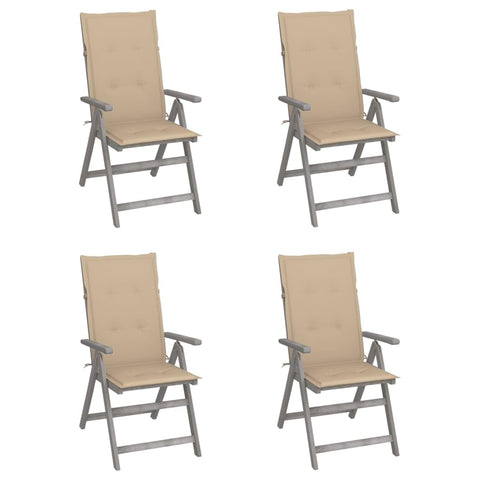 vidaXL 4 Piece Garden Reclining Chairs Set with Cushions in Grey Beige Adjustable Solid Acacia Wood Outdoor Armchairs for Patio and Balcony Dining Chair Wooden Furniture Armchair Stackable Seating