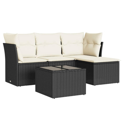 vidaXL Patio Sofa Set with Cushions 5 Piece, Sectional Sofa with Glass Table, Outdoor Conversation Set, Modern Style, Black Poly Rattan