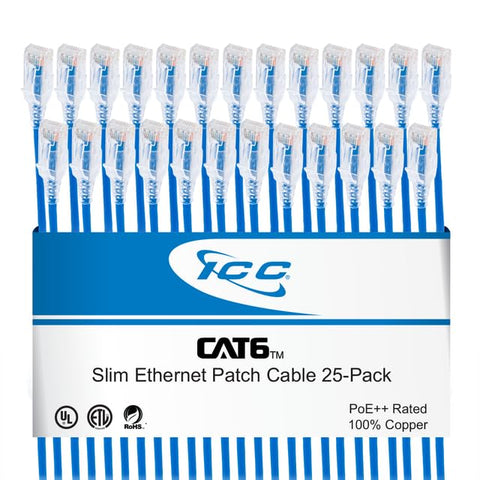 ICC CAT6 Slim Ethernet Patch Cord with Clear Boot Strain Relief, RJ45, Stranded, 550 MHz, UTP, Pure Bare Copper Wire, 28 AWG, LAN Network Patch Cable, Blue, 10 FT, 25-Pack