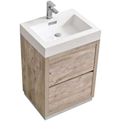 Oakestry Bliss 24 Inch Free Standing Bathroom Vanity Nature Wood Finish Modern Cabinet with Integrated Ceramic Sink and Soft Close Drawers for Small and Compact Bathrooms