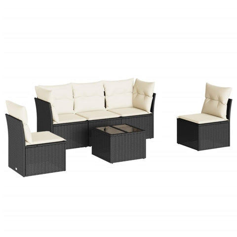 vidaXL Patio Sofa Set with Cushions 6 Piece, Sectional Sofa with Glass Table, Outdoor Conversation Set, Modern Style, Black Poly Rattan