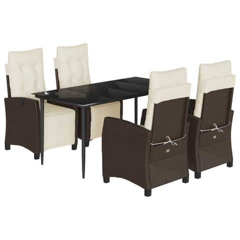 vidaXL 5 Piece Patio Dining Set with Cushions - Adjustable Brown PE Rattan Chairs, Tempered Glass Table for Garden/Backyard/Patio