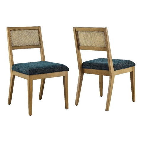 Modway Nimba Set of 2 Wood Dining Chairs in Heathered Weave Azure - Upholstered Kitchen Chairs with Faux Rattan Back and Woven Heathered Fabric Seat - Armless Accent Side Chairs