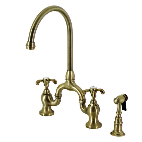 Kingston Brass KS7793TXBS French Country Bridge Kitchen Faucet with Brass Sprayer, Antique Brass