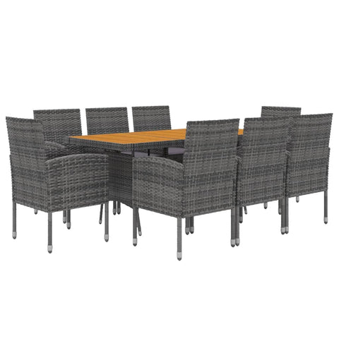 vidaXL Outdoor Dining Set | 9 Piece Patio Furniture | Gray Poly Rattan, Acacia Wood Table, Steel Frame, Foam Filled Cushions | Table+8 Chairs