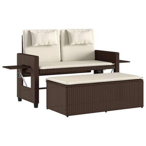 vidaXL Reclining Patio Bench/Sofa Bed with Cushions - Brown Poly Rattan, Foldable Side Tables, UV-, Adjustable Backrest