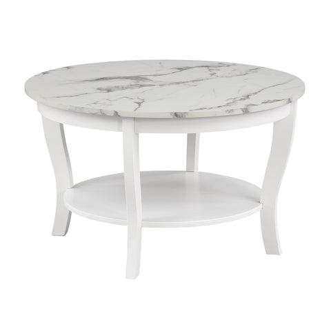 Convenience Concepts American Heritage Round Coffee Table 30" - Classic Living Room Table with Storage Shelf, Traditional Round Family Room Center Table, White Faux Marble/White