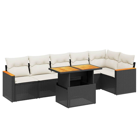 vidaXL 7 Piece Garden Sofa Set with Removable Cushions Black and Cream Includes Adjustable Armrests Perfect for Outdoor Furniture Modern Poly Rattan Seating People Patio Lounge Modular Chat Set