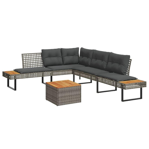 vidaXL L Shaped Garden Sofa Set with Cushions Grey Poly Rattan and Acacia Wood Furniture for 5 People Outdoor Seating Relaxation Patio Lounge Wicker Weather Resistant