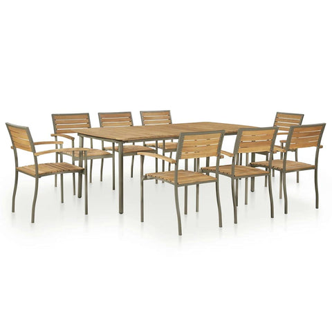 vidaXL 9-Piece Outdoor Dining Set - Solid Acacia Wood and Steel - Light Wood and Gray - Rectangular Table - Stackable Chairs - ic, Industrial Design - Easy Assembly