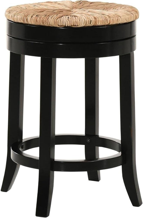 Irving 24 Inch Antique Black Wood and Rush Swivel Counter Stool Farmhouse Kitchen Seating with Footrest and Round Seat for Island Dining Bar Rustic Cottage Breakfast Nook