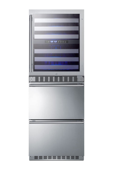 24 wide combination built-in/freestanding upright dual zone glass door wine cellar and 2-drawer refrigerator-freezer in stainless steel