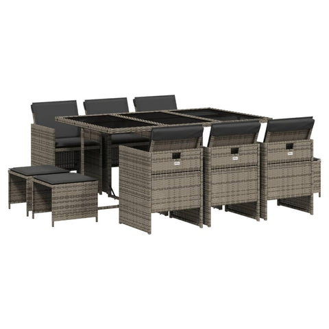 vidaXL 11 Piece Patio Dining Set with Cushions - Gray Poly Rattan Garden Table and Chairs/Stools - Compact Storage, Comfortable Seating, Easy Maintenance, Tempered Glass Tabletop, Grey, 3277735