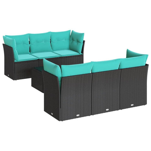 vidaXL Patio Sofa Set with Cushions 7 Piece, Sectional Sofa with Glass Table, Outdoor Conversation Set, Modern Style, Black Poly Rattan