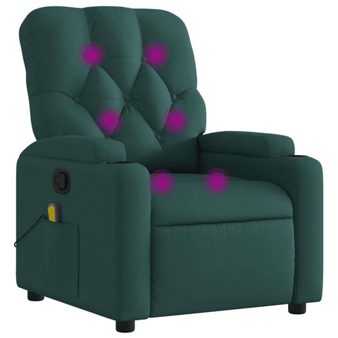 vidaXL Dark Green Massage Recliner Chair for Elderly - Manual Footrest & Back Adjustment, Vibration Massage, Cup Holders, Side Pocket, Fabric Seating