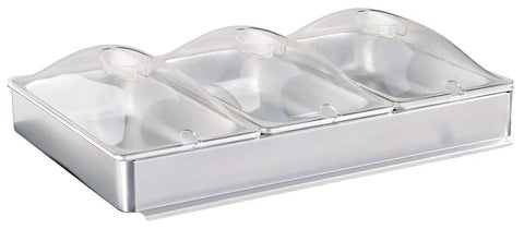 BroilKing INBS-3P Third-Size Chafing Pans with Utensil Slots | Inset Accessory Park Buffet Server for Restaurant Catering | (3) 2.6 Qt Pans, Clear Lids, Pan Hodler | Stainless Steel, Polycarbonate