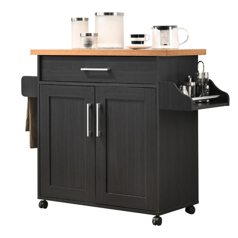 Hodedah Rolling Wood Kitchen Island Cart with Spice Rack, Towel Rack, Utensil Drawer plus Cabinet, White with Beech Top