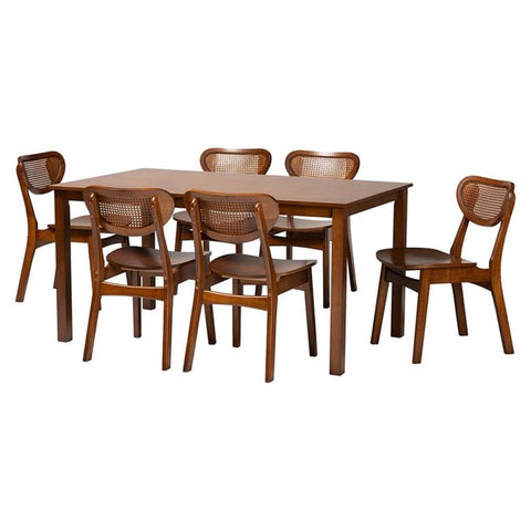 Baxton Studio Jeriah Walnut Brown Wood and Woven Rattan 7-Piece Dining Set
