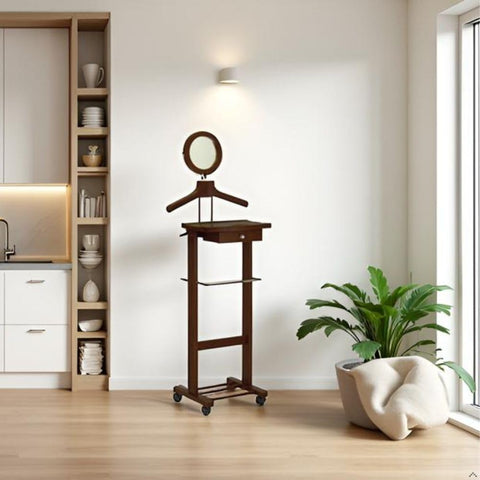 Oakestry Vanity Valet Stand With Mirror Drawer Tie Hook Casters Antique Walnut Stylish and Functional Design With Full-length Mirror and Storage Drawer Convenient Tie Hook for Accessories or Neckwear