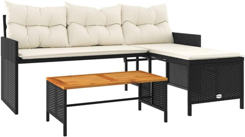 vidaXL L-Shaped Patio Sofa with Cushions and Coffee Table - Gray Poly Rattan, Powder-Coated Steel Frame, Acacia Wood Tabletop, Removable Covers for Garden, Terrace