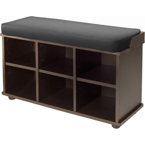 Oakestry Townsend Storage Bench Dark Espresso Finish Solid Composite Wood Construction with Rich Espresso Finish Stylish Freestanding Bench with Six Storage Cubes and Black Canvas Cushion
