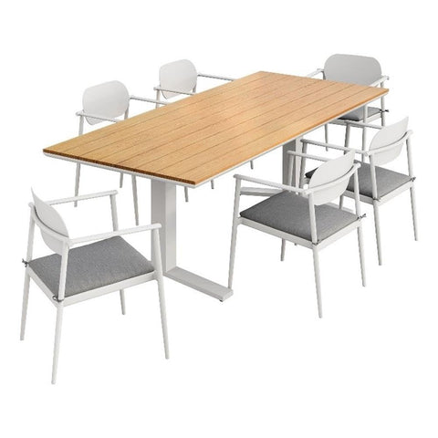 Modway Aeris 7-Piece Outdoor Patio Dining Set in White Light Gray – 91 Inch Rectangular Aluminum Dining Table with Slatted Faux Wood Top and Outdoor Chairs - Patio Dining Set for 6