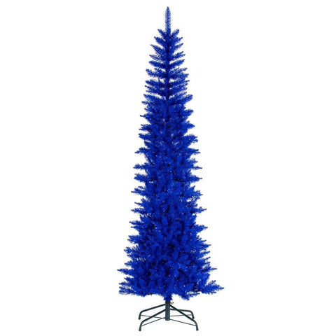 Vickerman 7.5' x 32" Blue Pencil Artificial Unlit Christmas Tree. It Measures 90 inches Tall, and 28 inches Wide, which is considered a Pencil Profile.