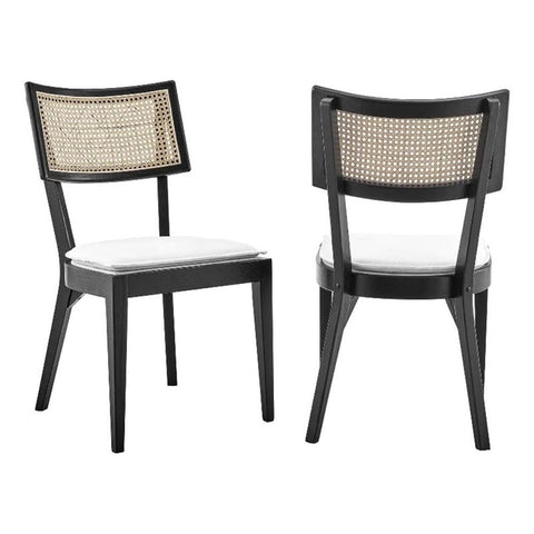 Modway Caledonia Wood Dining Chair with Cane Rattan in Black White - Set of 2