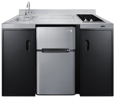 Summit 54" Wide All-In-One Kitchenette, 2-door refrigerator-freezer, 2-Burner Cooktop, Sink, and Storage, Black and Stainless- CK55ADASINKR (SINKR)