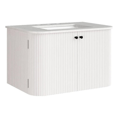 Modway Zia 30 Inch Wall-Mount Bathroom Vanity in Ivory with Marble Sink Basin - Floating Bathroom Cabinet with Fluted Design